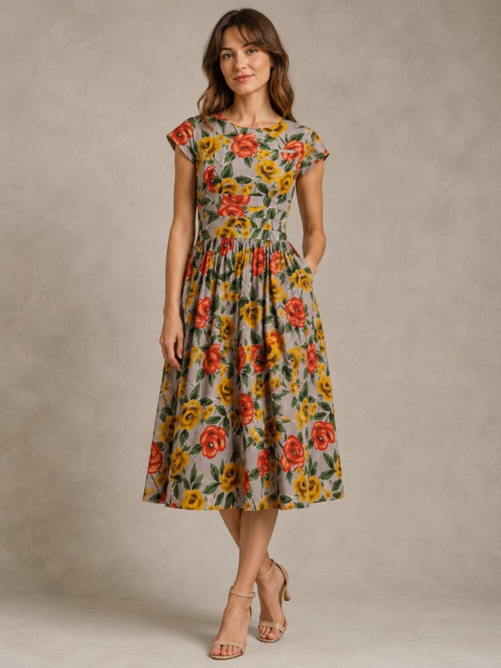 Floral Cotton Poplin Dress Full Button Back Pockets Lined Skirt
